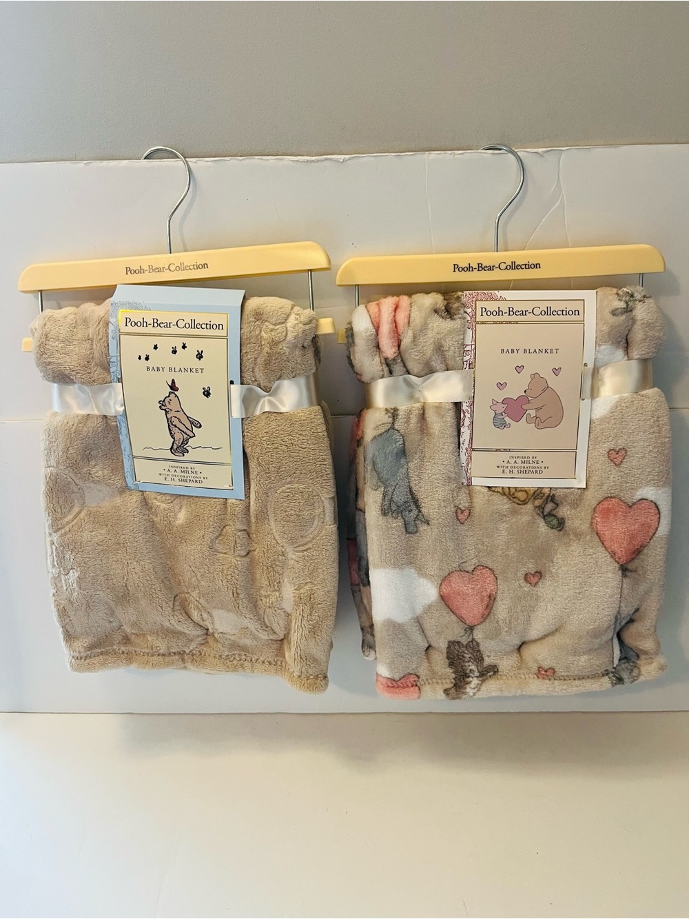 Winnie the Pooh Bear Collection Lot of 2 Baby Blankets Embossed Brown Balloon